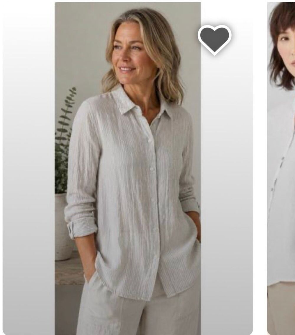 Eileen Fisher Irish Linen White Crinkle Button Tab long sleeve tunic blouse